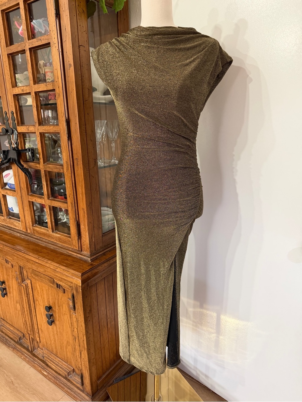 Petal & Pup Metallic gold Midi Dress with High Side Slit - Picture 2 of 9